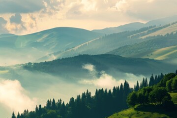 The mountains are covered in trees and the sky is cloudy. The scene is peaceful and serene