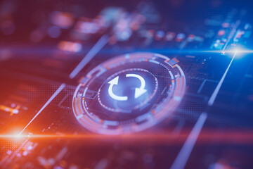 Update icon in futuristic space. Concept of hardware and software update, human resource changes, installing update, modernize, released new version, money transfer, maintenance and upgrading system.