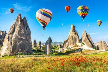 The great tourist attraction of Cappadocia - balloon flight. Cappadocia is known around the world as one of the best places to fly with hot air balloons. Goreme, Cappadocia, Turkey
