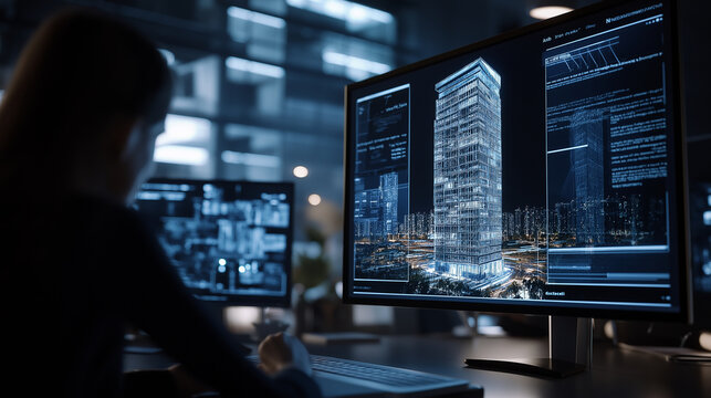 Detailed 3D BIM model of a skyscraper, with architects and engineers working collaboratively in the background
