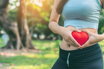 A woman holding a red heart in her stomach. The heart is surrounded by a line that looks like an ECG. The woman is wearing a grey tank top and black pants. Concept of health and wellness