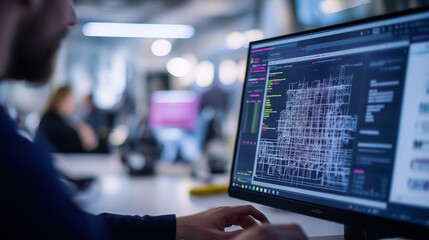 Fototapeta premium Close-up of a BIM software screen displaying structural details, with engineers making real-time changes