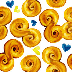 Swedish fika pastry lussekatt watercolor illustration. Saint Lucia celebration dessert.