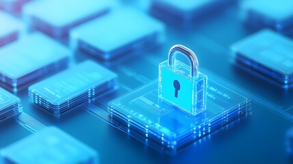 Fototapeta premium Digital security concept with padlock and futuristic background, representing data protection and cybersecurity in technology industry.