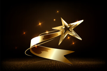 Award ceremony background with 3d gold star and ribbon element and glitter light effect decoration.