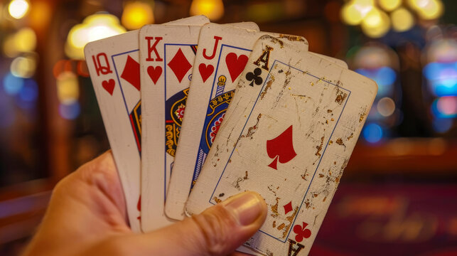 A close-up of a winning poker hand featuring four Aces and a King, against a casino table background with stacks of poker chips, evoking excitement and skill.