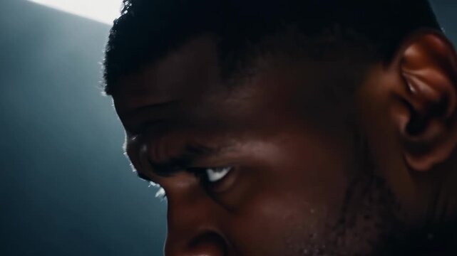 A fighter, shrouded in shadows, prepares mentally and physically for a championship bout in a smoky arena filled with palpable tension.