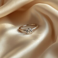 Elegant solitaire diamond ring on luxurious silk fabric, stunning jewelry detail, engagement diamond ring concept