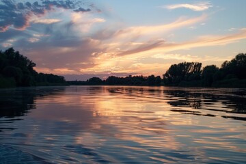 A calm lake with a beautiful sunset in the background. The water is reflecting the sky and the trees in the distance. The scene is peaceful and serene, with the colors of the sunset creating a warm
