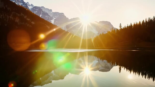 The picturesque beauty of a mountain lake is amplified by the vibrant lens flares that dance across its tranquil waters creating a truly magical scene. Light leaks bokeh