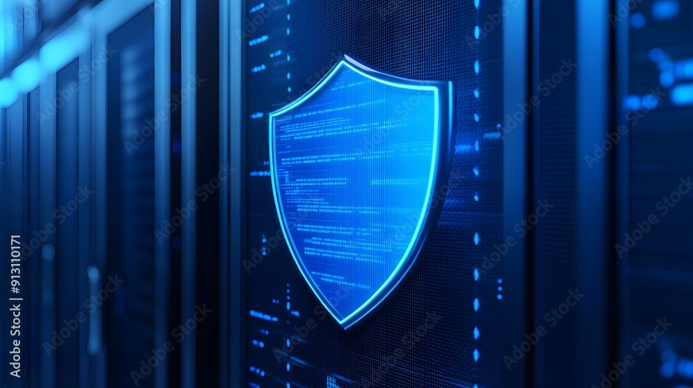 Poster digital shield symbolizing cybersecurity protection in a server room. high-tech secure data storage 