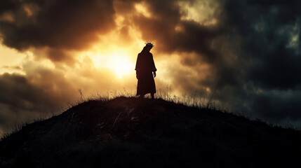 Fototapeta premium Jesus standing on a hill, with a crown of thorns, symbolizing his suffering and sacrifice