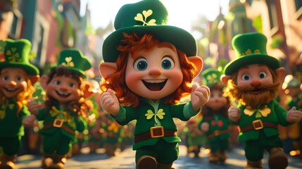 Cartoon characters participating in a St. Patrick's Day parade with green attire shamrocks and leprechauns