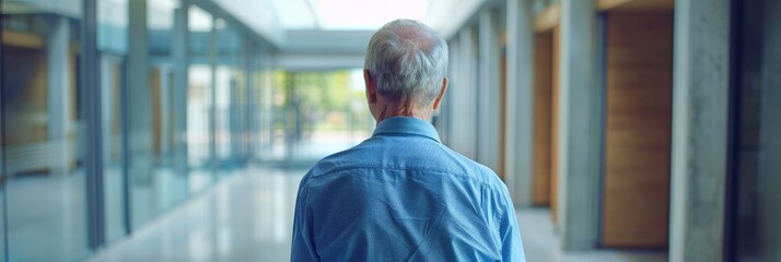 Elderly man in blue shirt contemplating future challenges including climate change job losses and power concentration while standing in a well lit hallway