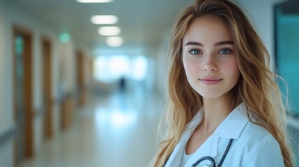 girl 30 years old, European appearance, white coat, hospital corridor in the background