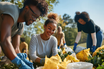 Happy volunteers wearing gloves picking up trash and putting it in garbage bags