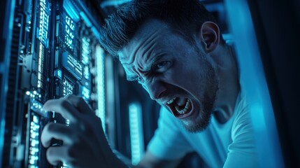 A person is intensely focused and showing frustration while diagnosing issues with computer hardware in a dimly lit server room illuminated by blue lights
