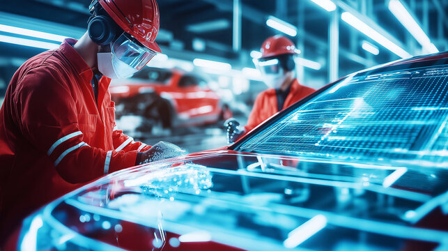 Technicians working alongside robots in a high-tech automobile manufacturing facility