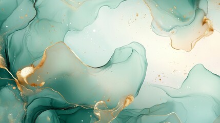 Alcohol ink with a gold leading edge in a delicate turquoise on a green and white background.