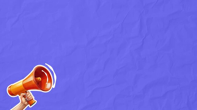 Orange megaphone in a woman's hand makes inviting sounds on blue background. Concept of discounts and sales. Stop motion animation on blue paper background
