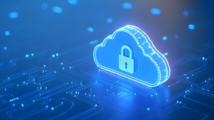 Glowing cloud with lock hologram on circuit board background symbolizing online data security and cloud storage protection.