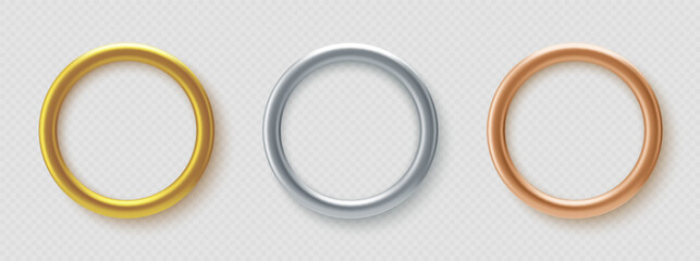 Vector gold, bronze and silver ring frame. Round banner. Isolated on a black transparent background. Vector illustration