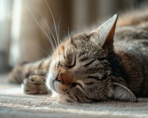 Fototapeta premium A cat is sleeping on a couch. The cat is curled up and has its eyes closed. The cat is in a relaxed state and he is enjoying its nap