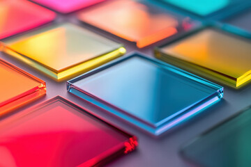Colorful acrylic sheets are casting reflections as they sit on a white surface