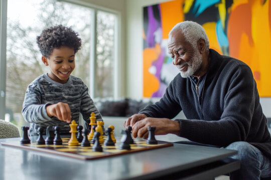 Grandfather and his grandson are concentrating while playing chess together in their living room