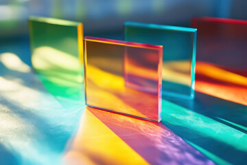Colorful transparent acrylic sheets standing on a reflective surface are casting a spectrum of light