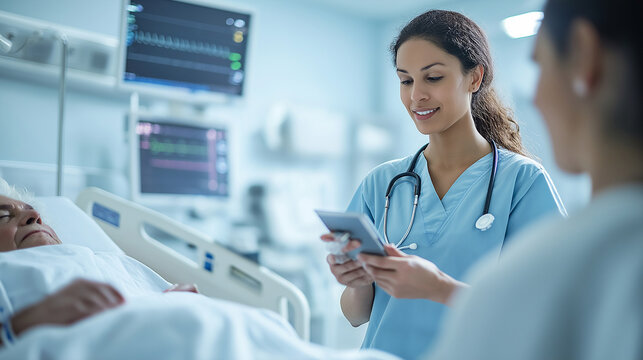 A telephoto angle photo of a nurse using a handheld device to check a patient's vitals, with copy space