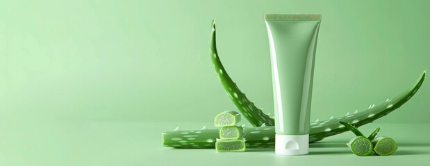natural aloe cosmetics. A tube of cream of a soft green color, next to it are pieces of aloe, they are on the right, on a soft green background with copy space