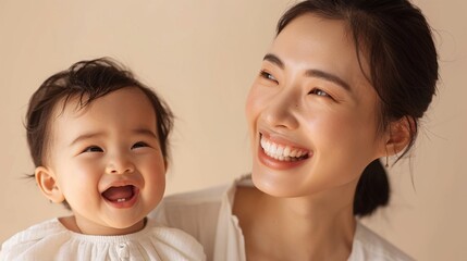 Studio image of an Asian mother and her beaming baby, showcasing their affectionate bond and mutual smiles.