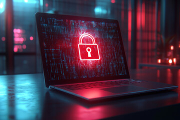 Open laptop displaying a glowing red padlock icon over binary code, suggesting cybersecurity and data protection in a server room setting