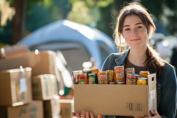 Smiling volunteer holding cardboard box full of canned food for donation to a food bank