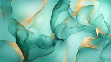 Alcohol ink with a gold leading edge in a delicate turquoise on a green and white background.