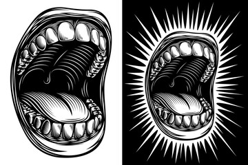 Wide gaping open shouting mouth in black and white retro graphic. Singing or loudly screaming mouth. Trendy provocative defiant vector design in styles of vintage, engraving, linocut, ink, line art.