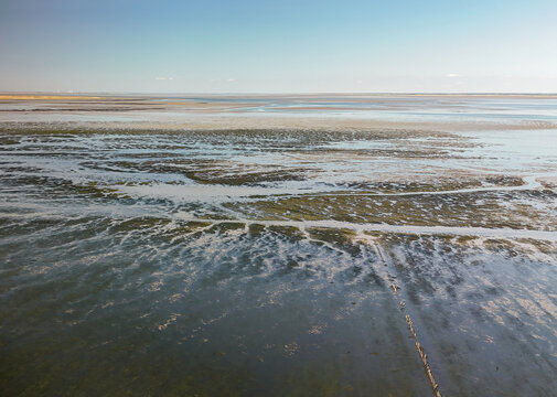 Aerial view of the mudflats near R&oslash;m&oslash; Island in Denmark. 