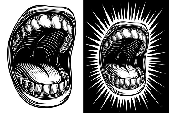 recommend clip art: Wide gaping open shouting mouth in black and white retro graphic. Singing or loudly screaming mouth. Trendy provocative defiant vector design in styles of vintage, engraving, linocut, ink, line art.