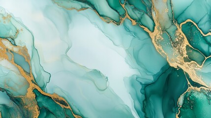 Alcohol ink with a gold leading edge in a delicate turquoise on a green and white background.