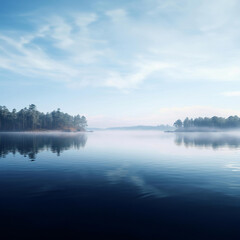 Fototapeta premium A serene lake surrounded by lush trees, reflecting the clear blue sky on a bright sunny day.