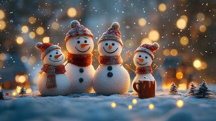 Obraz premium Cartoon family celebrating a winter festival with snowmen hot cocoa and festive lights