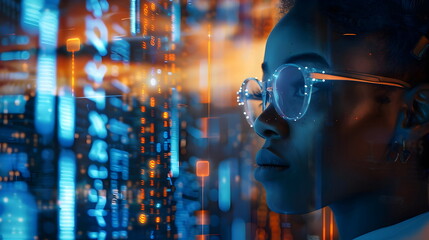 Fototapeta premium Future Technology Visionary Woman Glasses Digital Data Innovation Night