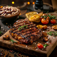 Grilled Steak with Rosemary, Peppers, and Tomatoes on Wooden Board