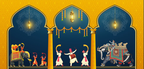 Indian Punjabi Rajasthani Wedding Backdrop with Elephants and Band Baja Dhool, maharaj with elephant.