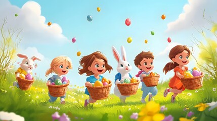 Obraz premium Cartoon kids participating in an Easter egg hunt with baskets colorful eggs and bunnies