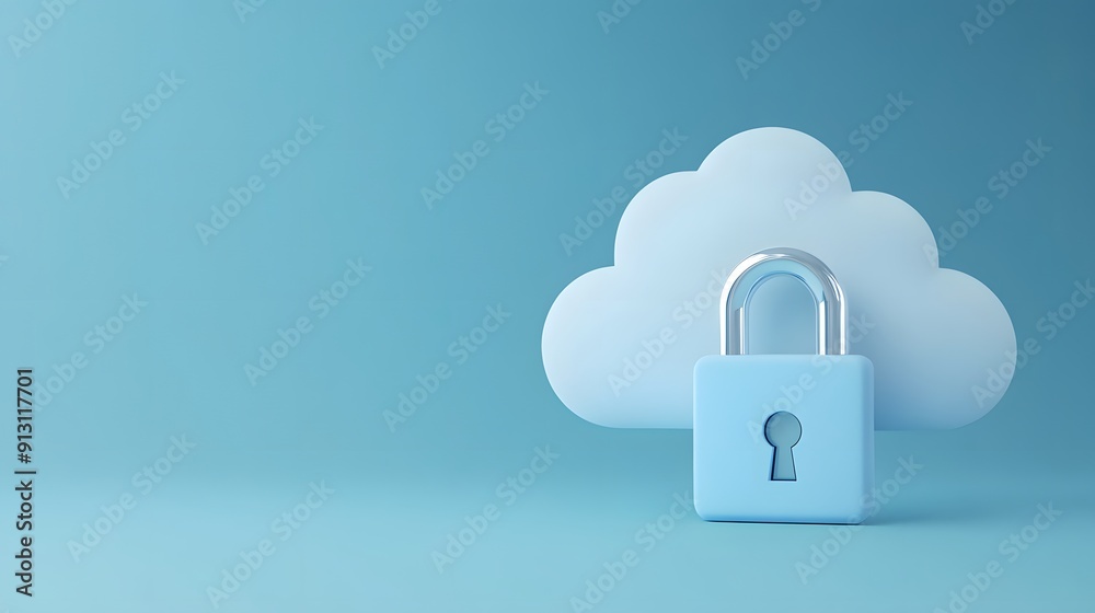 Poster secure cloud computing concept image with lock and cloud icon, representing data protection and onli