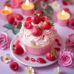 A Pink Cupcake Topped with Strawberries and Surrounded by Flowers and Candles