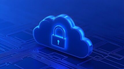 Secure cloud computing concept with digital cloud and padlock on blue technology background, symbolizing data protection and cybersecurity.