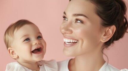 Loving studio photo of a mother and her delighted baby, radiating warmth and affection.